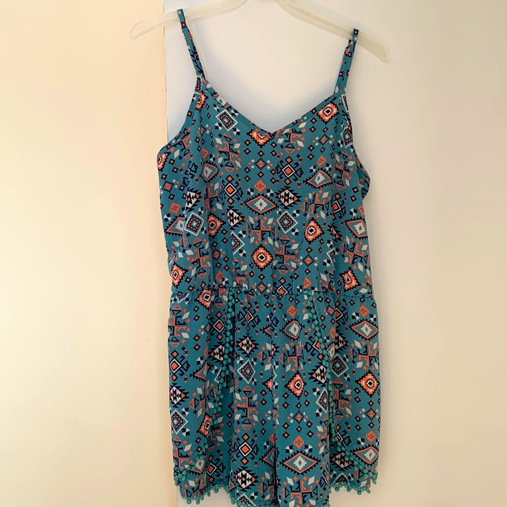 Aztec romper, teal, white, salmon & black